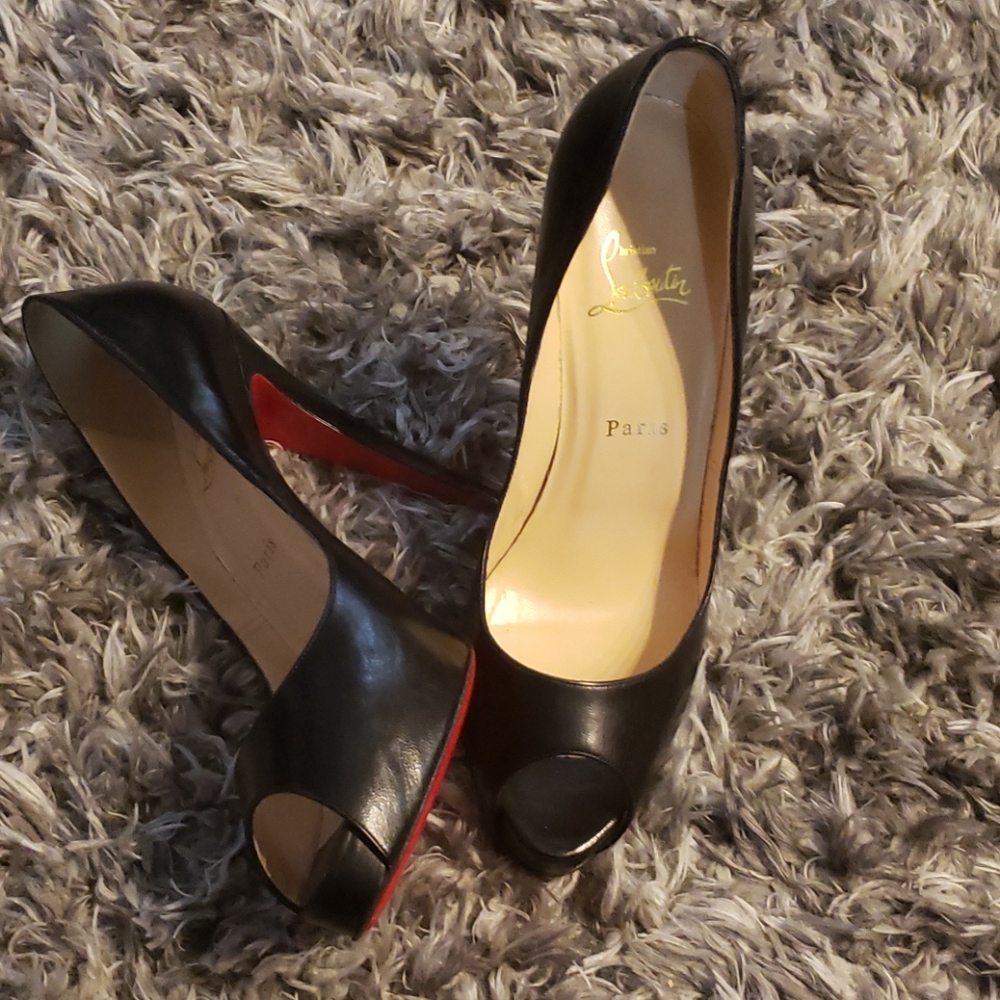 Christian Louboutin Black Leather Peep-Toe Pumps with Red Soles